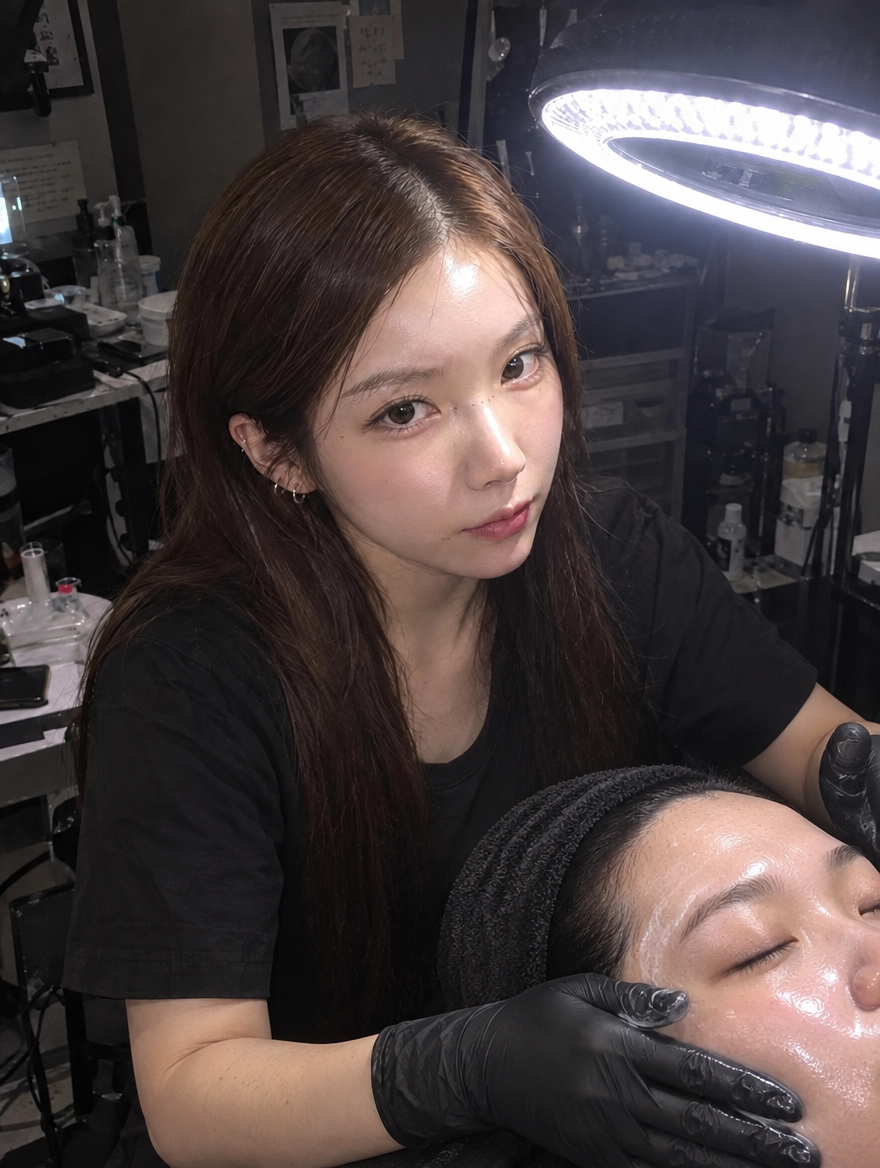 곽민서 대표원장이 1:1 피부미용 실기를 지도하는 모습